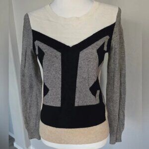 J. Crew Academia Cashmere Wool Blend Geometric Black Grey Preppy Sweater Sz S